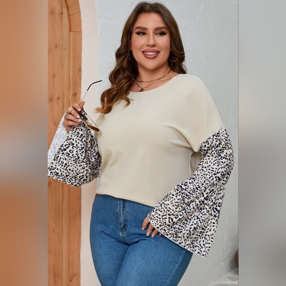 Plus Size Leopard Round Neck Long Sleeve Top - Picture 5 of 10